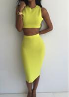 Rosewe Yellow Hollow Back Top And Asymmetric Skirt