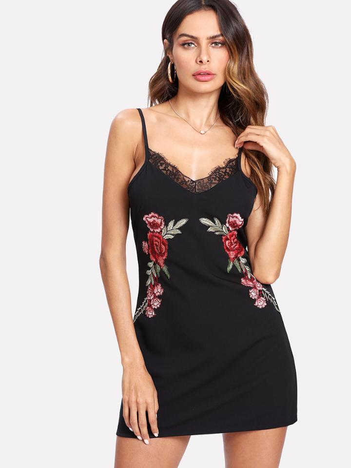 Shein Lace Contrast Flower Appliques Slip Dress
