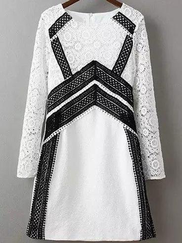 Shein White Black Round Neck Lace Slim Dress