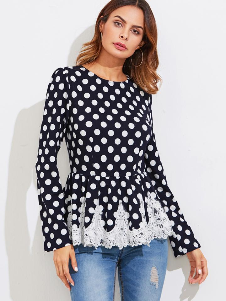 Shein Flower Lace Insert Ruffle Hem Dot Top