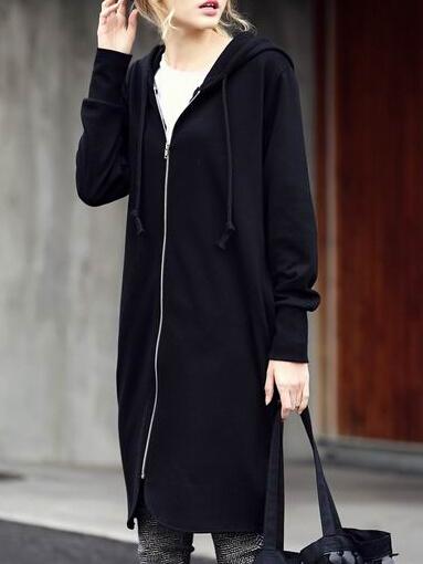Shein Black Hooded With Zipper Sweatshirt