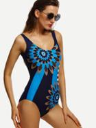 Shein Navy Flower Print Scoop Back One-piece Swimwear
