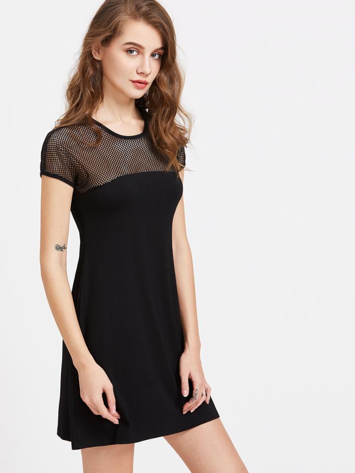 Shein Eyelet Mesh Paneled Shoulder Tee Dress