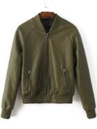 Shein Army Green Diamond Pattern Pu Bomber Jacket