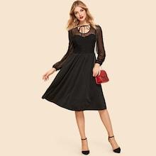 Shein Dot Mesh Insert Fit And Flare Dress