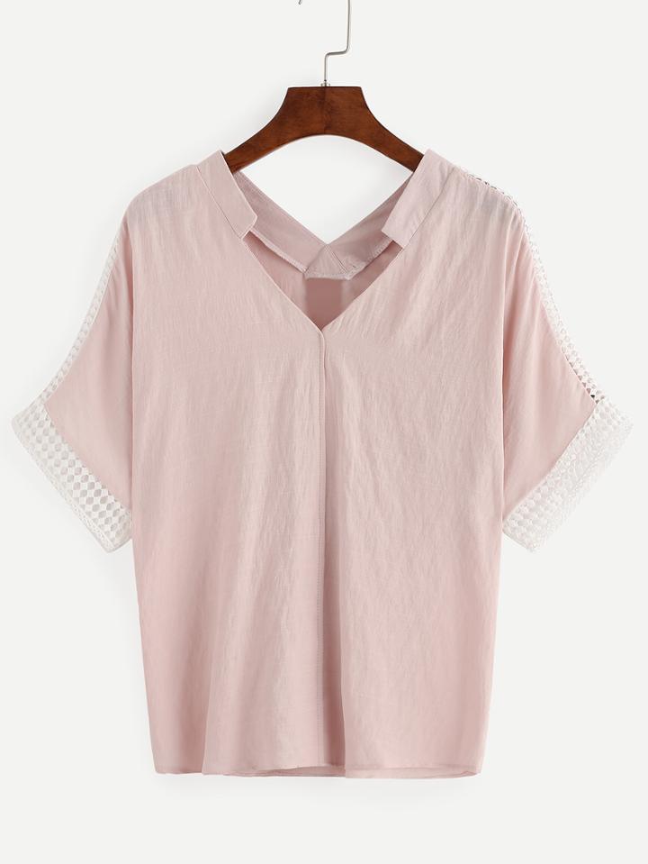 Shein Double V-neck Lace Insert Blouse - Pink
