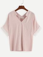 Shein Double V-neck Lace Insert Blouse - Pink