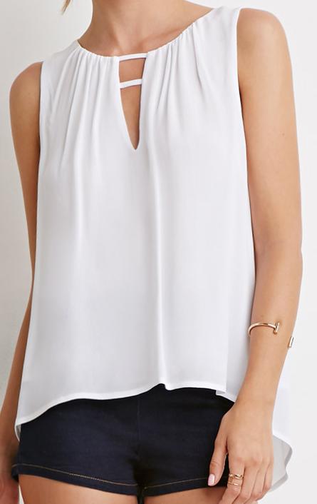 Shein White V Neck Hollow Loose Tank Top