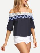 Shein Scalloped Crochet Trimmed Off-the-shoulder Navy Blouse