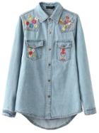 Shein Blue Embroidery High Low Button Denim Blouse