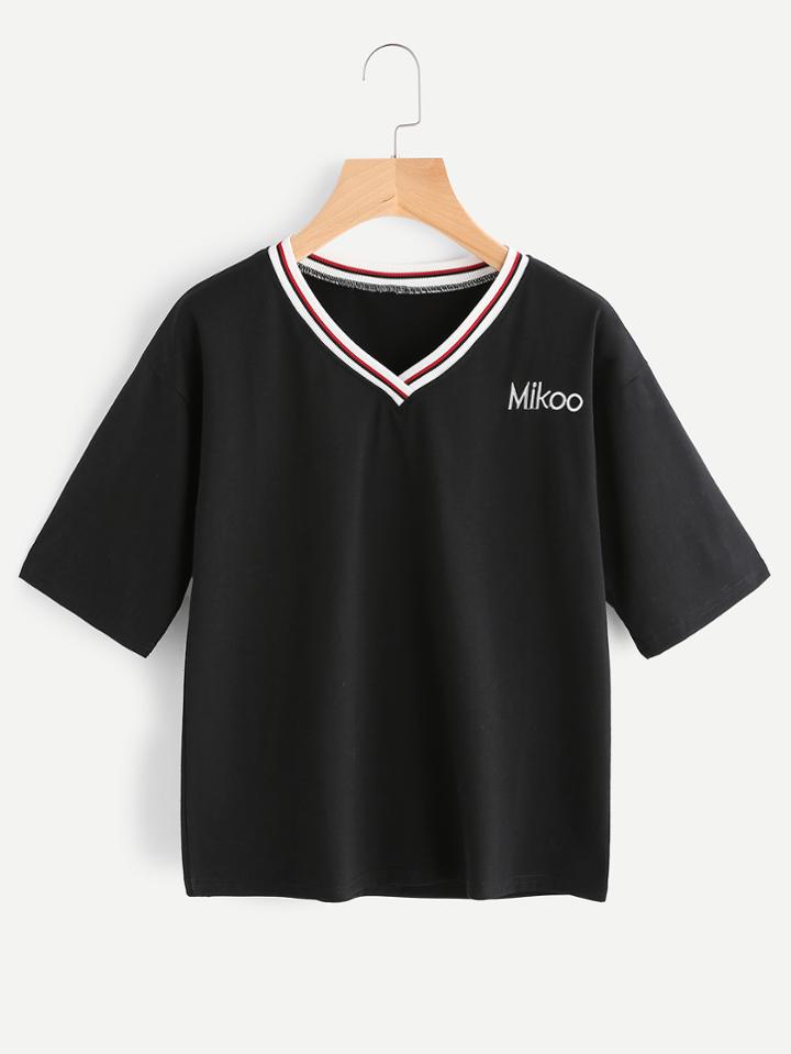 Shein Pinstripe V Neckline Graphic Embroidered T-shirt