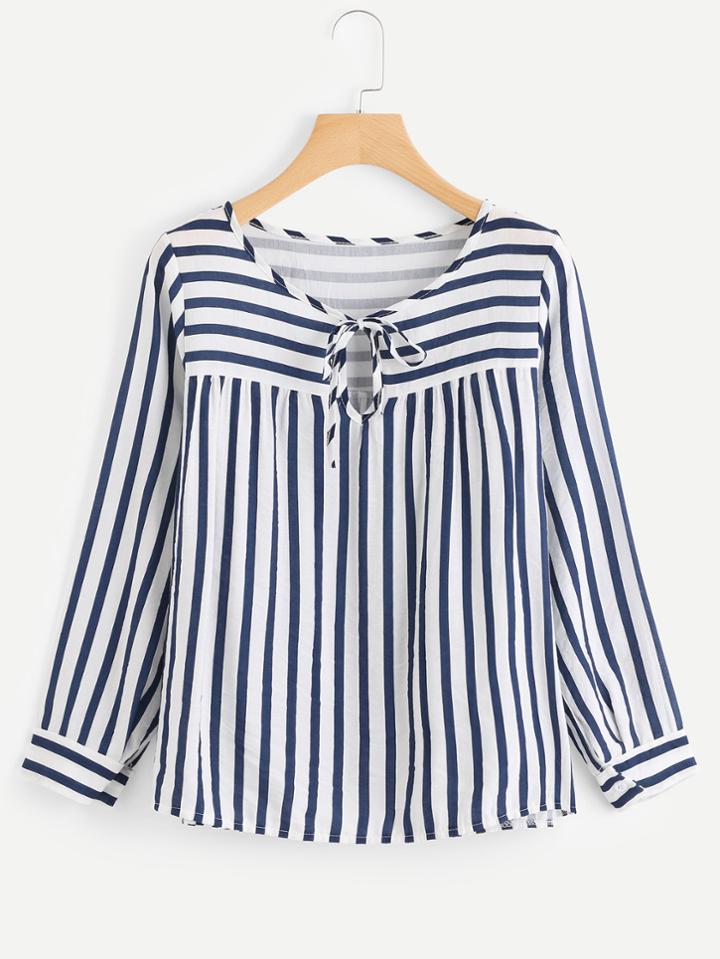 Shein Contrast Stripe Tie Neck Blouse