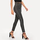 Shein Studded Detail Raw Hem Jeans