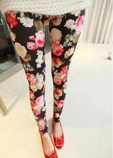 Rosewe Elastic Waist Multicolored Flower Print Leggings