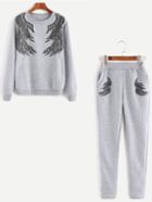 Shein Grey Angel Wings Print Sweatshirt With Pants
