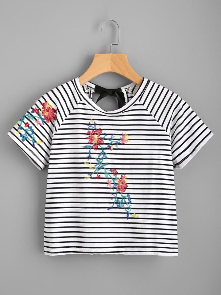 Shein Embroidered Striped Keyhole Tie Back Crop Tee