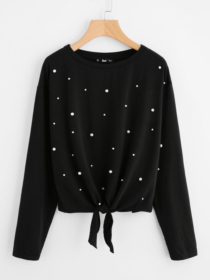 Shein Pearl Beaded Knot Front Tee
