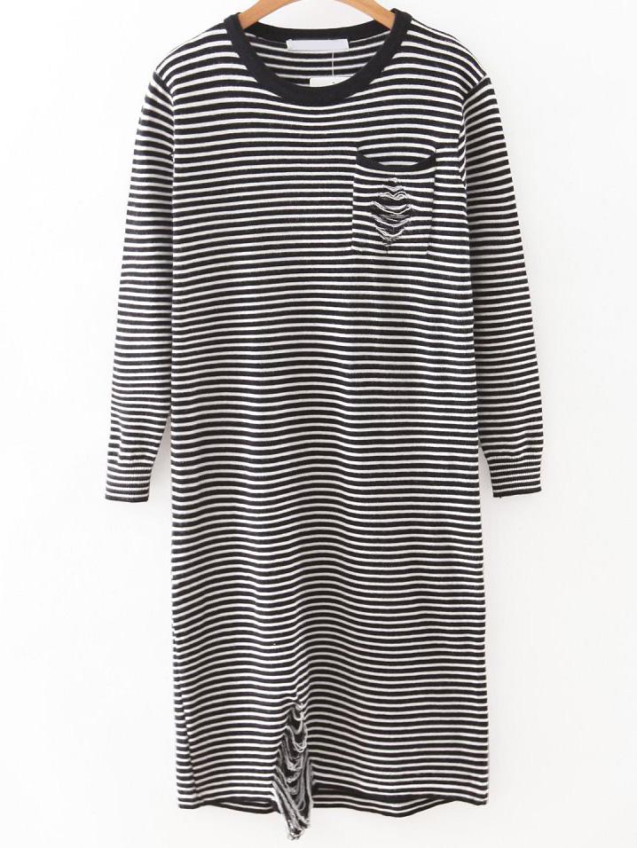 Shein Black Striped Ripped Detail Knit Dress With Pocket