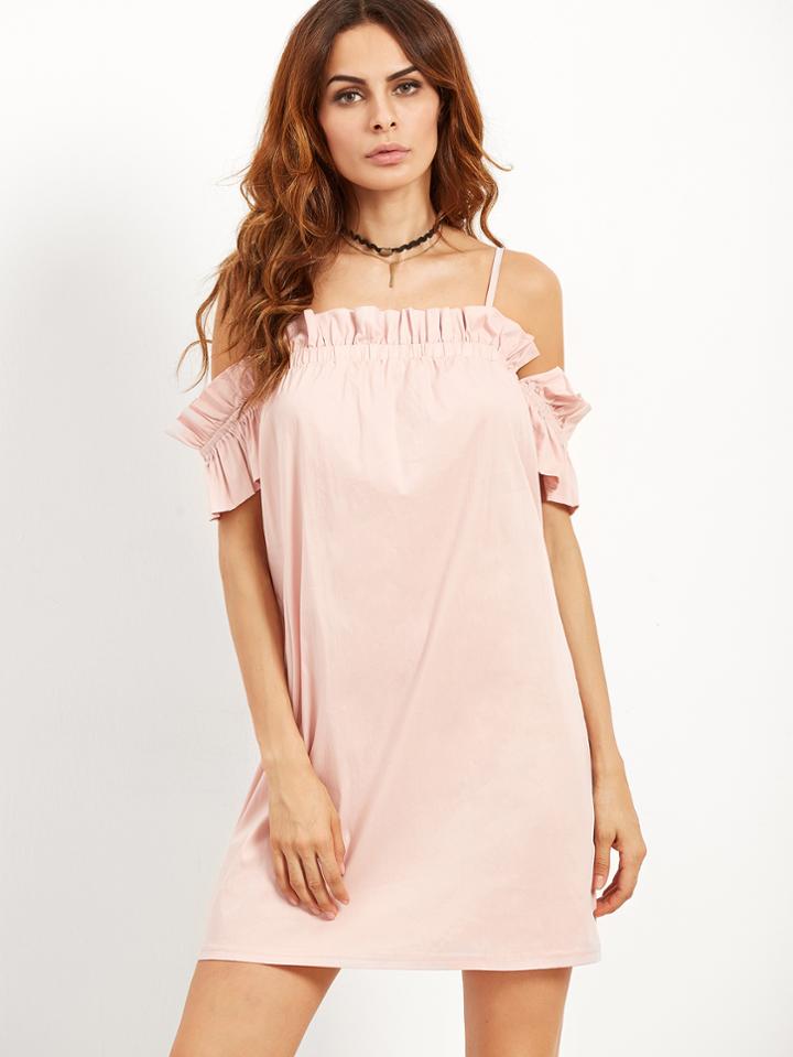 Shein Pink Cold Shoulder Ruffle Dress