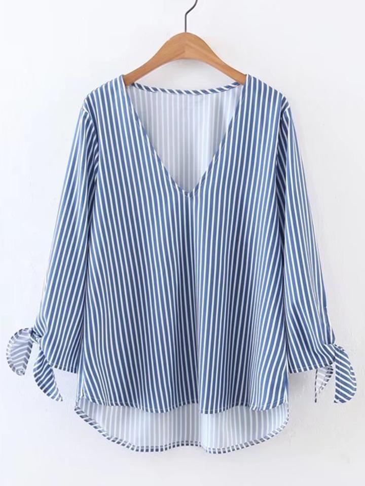Shein V-cut Vertical Striped Tie Cuff High Low Blouse
