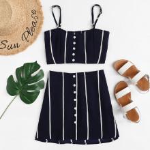 Shein Stripe Button Front Cami Top With Skirt