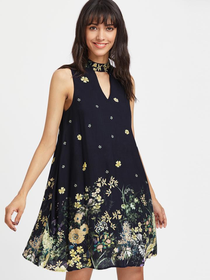 Shein Choker Neck Buttoned Keyhole Back Botanical Flowy Dress