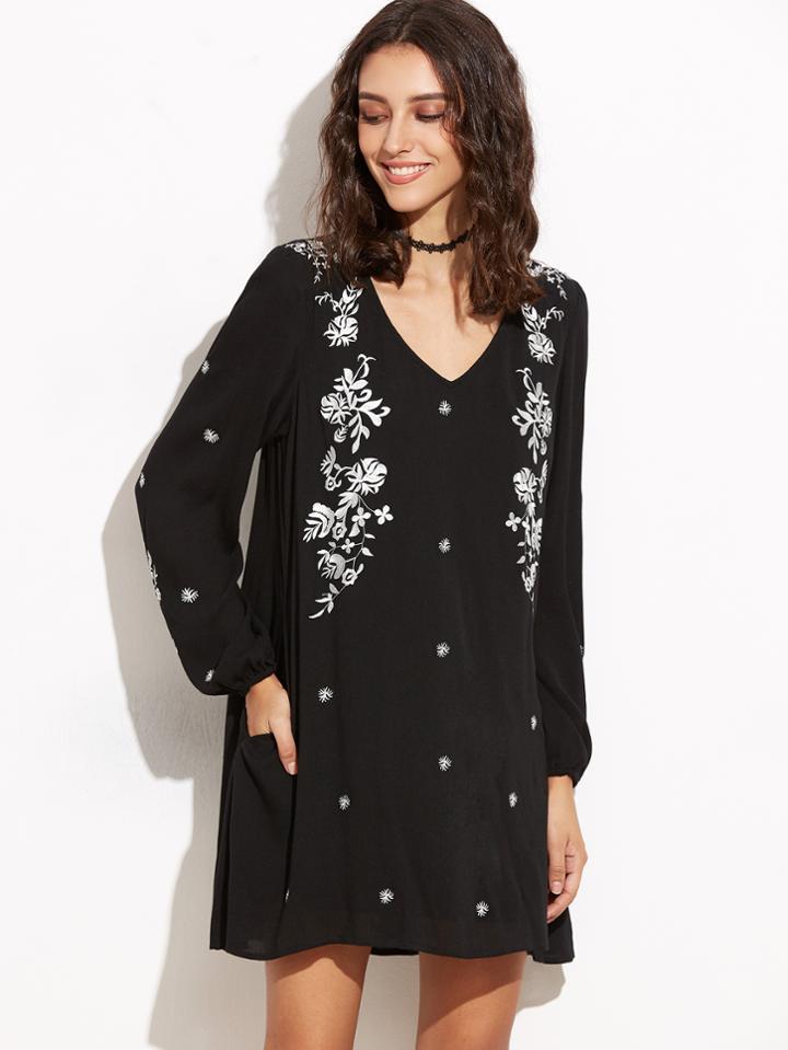 Shein Black Cutout Back Lantern Sleeve Embroidered Tunic Dress