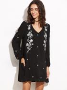 Shein Black Cutout Back Lantern Sleeve Embroidered Tunic Dress