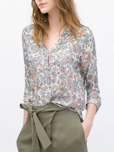 Shein Multicolor V Neck Cashew Print Dip Hem Blouse