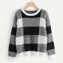 Shein Color Block Plaid Fuzzy Jumper
