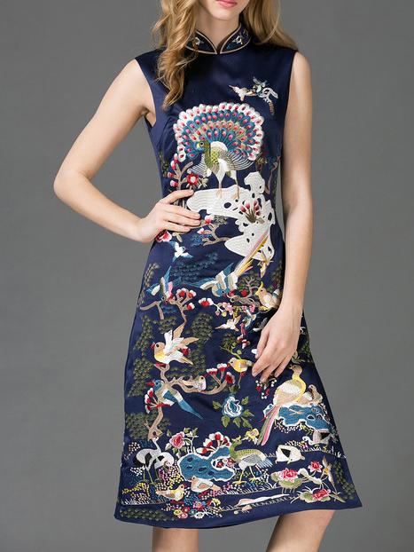 Shein Navy Collar Embroidered Split A-line Dress