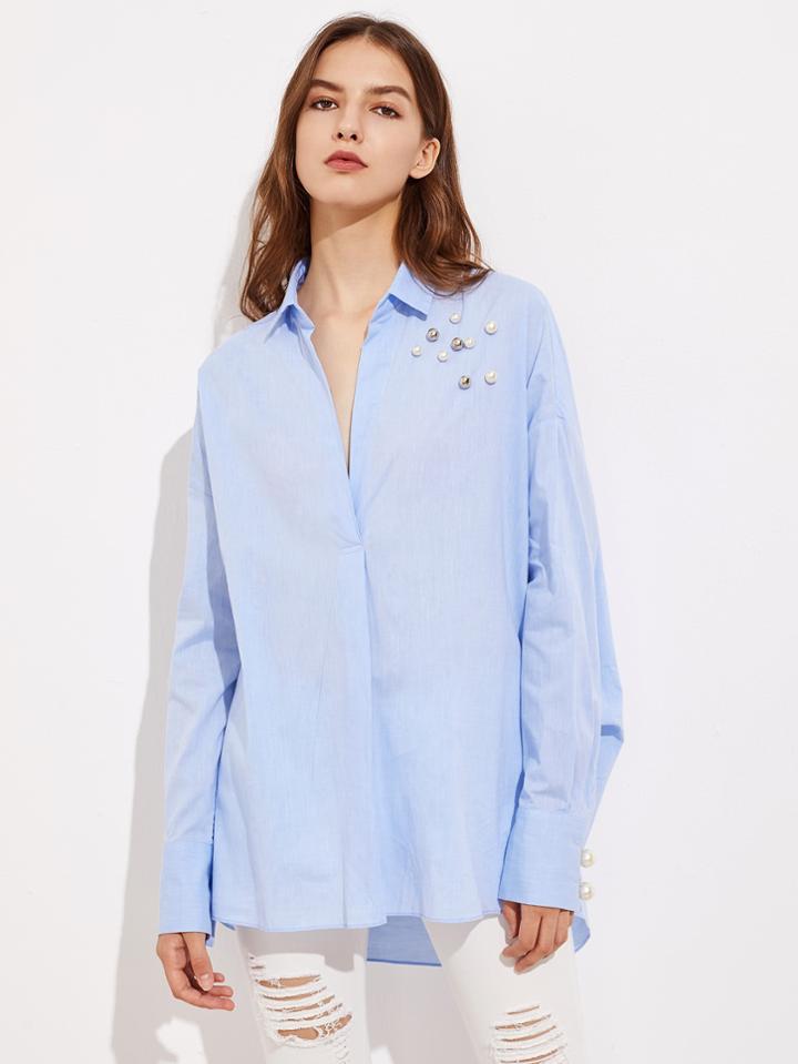 Shein Drop Shoulder Dip Hem Blouse With Faux Pearl Detail