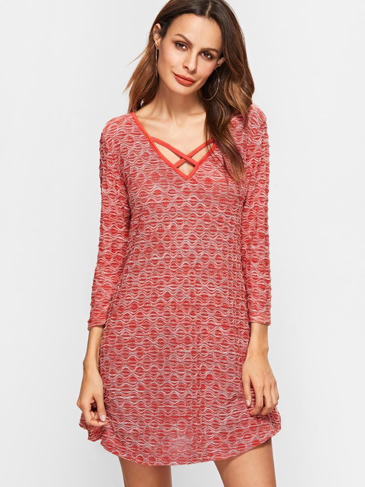 Shein Red Criss Cross Front V Neck Textured Dress