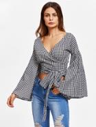Shein Exaggerated Bell Sleeve Surplice Wrap Gingham Top