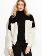 Shein Contrast Ribbed Trim Open Front Faux Fur Jacket