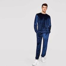 Shein Men Solid Tunic Velvet Pullover & Pants Set