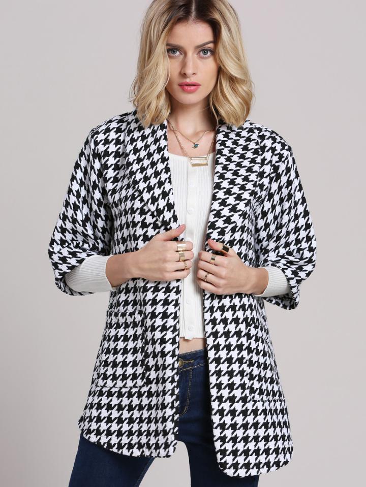 Shein Black Lapel Houndstooth Pockets Blazer