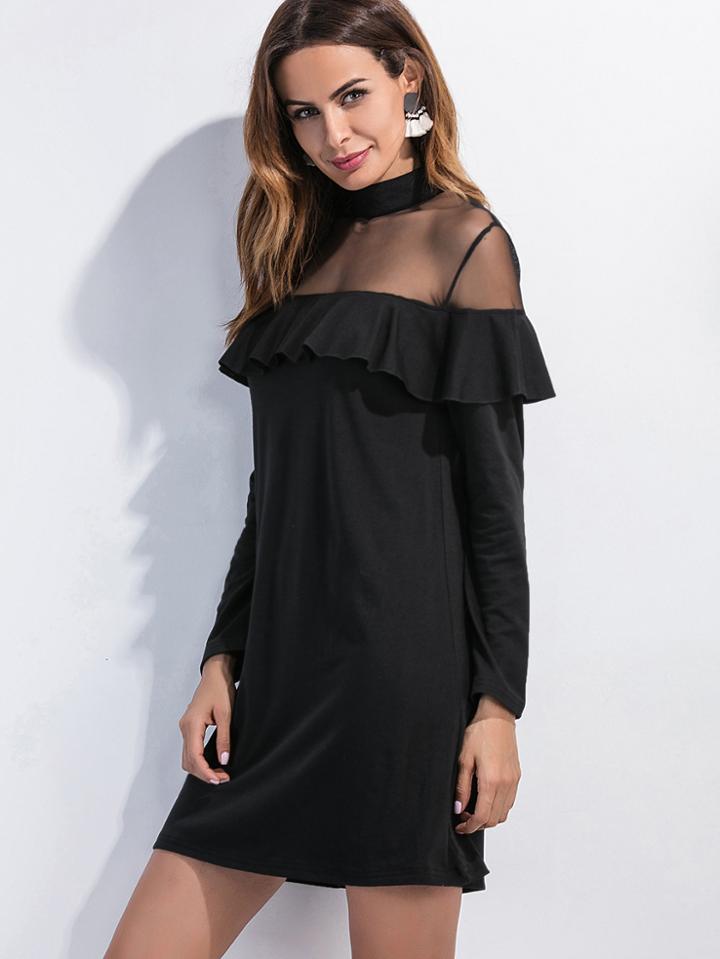 Shein High Neck Mesh Insert Frill Trim Dress