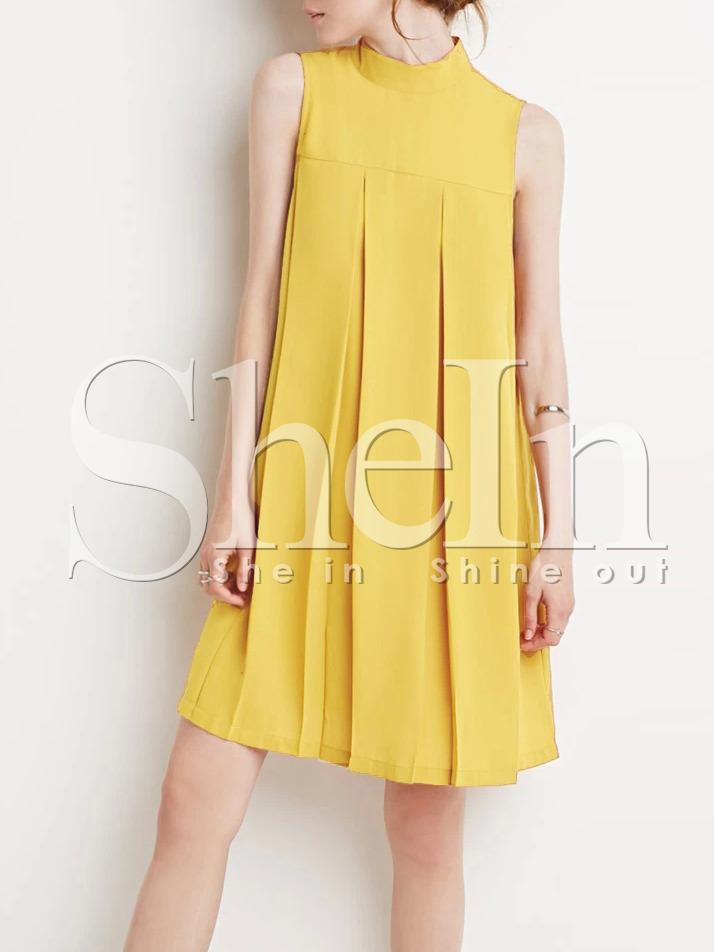 Shein Yellow Sleeveless High Neck Pleated Dress