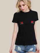 Shein Rose Print Choker Neck Tee