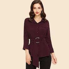Shein Single Breasted Ring Detail Belted Blouse
