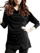 Shein Black Draped Neck Buttons T-shirt