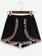 Shein Pom Pom Trimmed Embroidered Shorts - Black