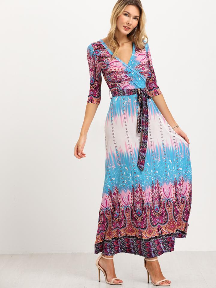 Shein Vintage Print Self Tie Maxi Dress