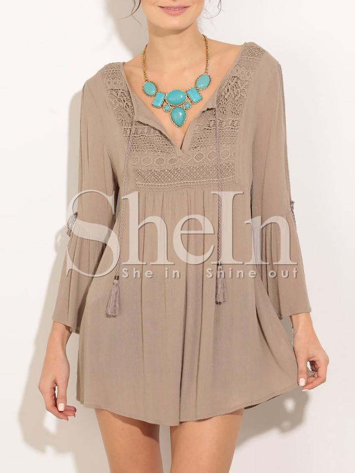 Shein Brown V-neck Split Bell Sleeve Embroderied Dress
