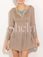 Shein Brown V-neck Split Bell Sleeve Embroderied Dress