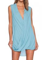 Rosewe V Neck Sleeveless Blue Straight Dress