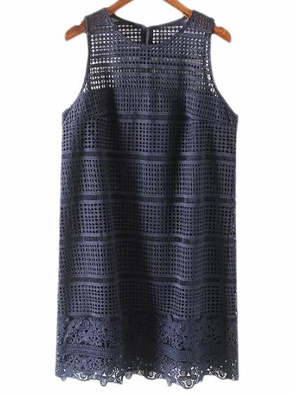 Shein Navy Sleeveless Zipper Back Hollow Lace Dress