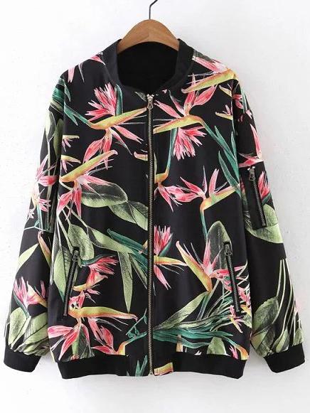 Shein Multicolor Long Sleeve Zipper Front Ribbed Cuff Flower Print Jacket