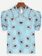 Shein Sky Blue Lapel Floral Print Keyhole Blouse